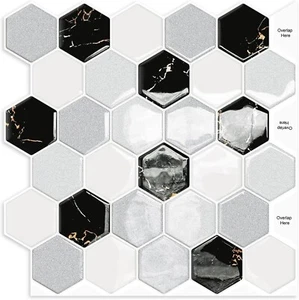Black White Hexagon Peel & Stick Backsplash 12" x 12" Self Adhesive Back Splash - Picture 1 of 8