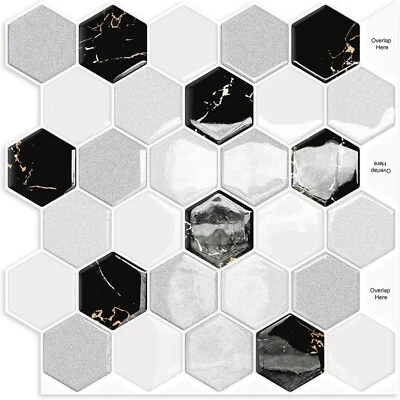 Black White Hexagon Peel & Stick Backsplash 12" x 12" Self Adhesive Back Splash - Image 1 of 4