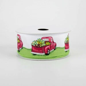 Truck Full Of Flowers Pink & Green Ribbon 1.5" x 10 yards - Picture 1 of 1