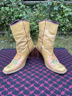 Vintage 90s Faith MidCalf Square Toe Tan Leather Embroidered Cowboy Boots as UK5 - Image 1 of 4