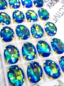 20 13x18mm Oval Glass Sew On Rhynestones Beads SAPPHIRE BLUE RB GOLD CLaW - Picture 1 of 12