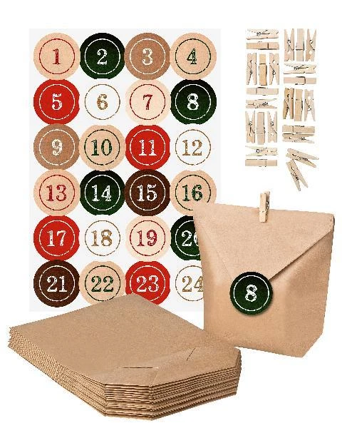 Adventskalender Set 24 Papiertüten Holzklammern Zahlensticker zum FÜLLEN AUSWAHL - Bild 1 von 1