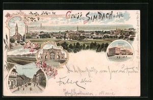 Lithographie Simbach /Inn, Pfarrkirche, Portal der Innbrücke, Hauptstraße, Bahn  - Picture 1 of 2