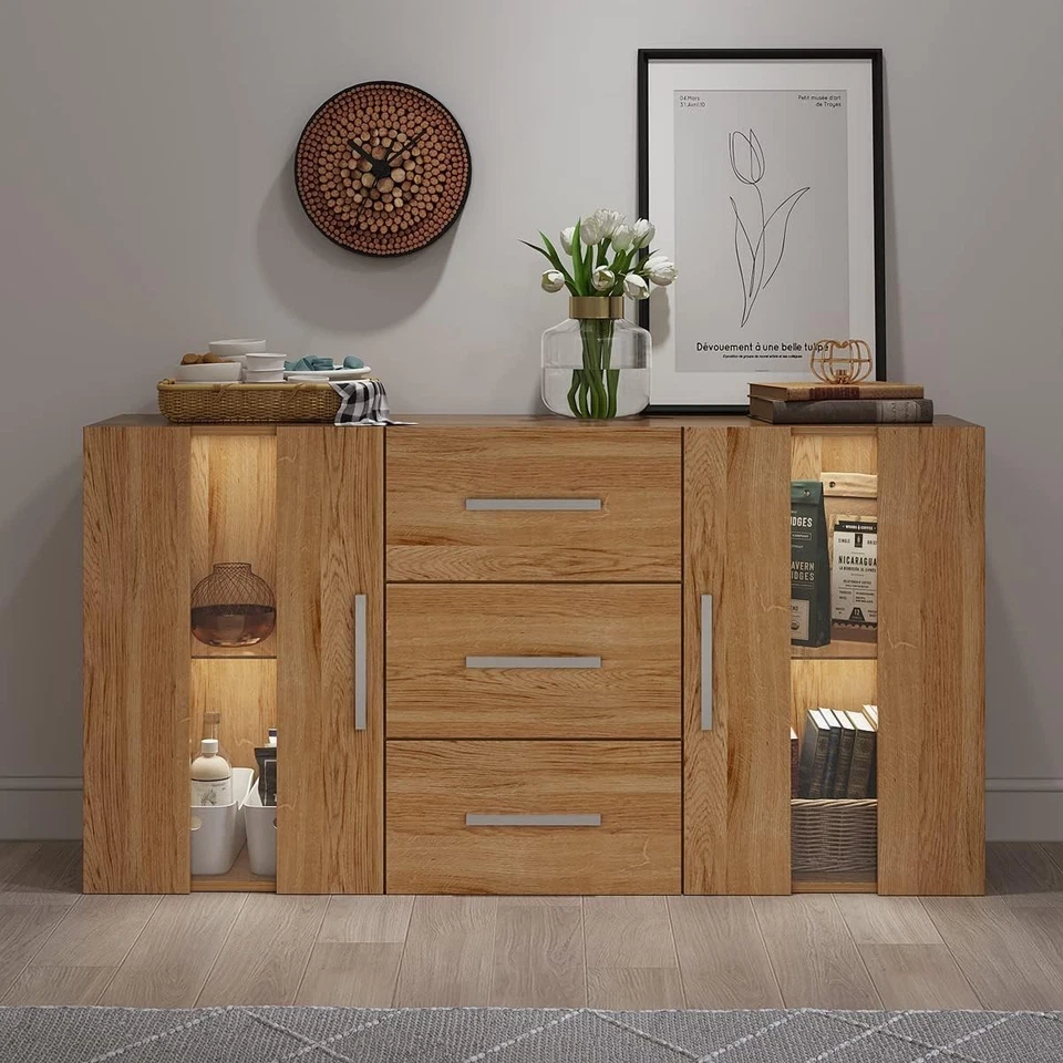 LED Sideboard Cabinet with Drawers, Glass Doors & Storage Lights, Oak - Image 1 of 4