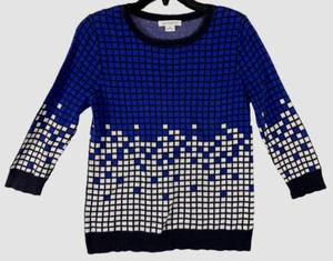 Liz Claiborne Sweater Women's Size M Blue White Black 3/4 Sleeve Stretchy Pullov - Picture 1 of 3