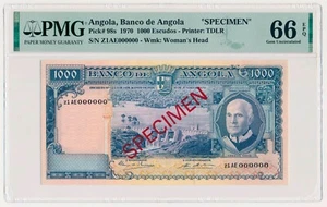 ANGOLA 1000 ESCUDOS PICK 98s SPECIMEN ANTELOPE 1970 PMG 66 GEM UNC EPQ - Picture 1 of 2