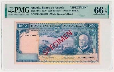 ANGOLA 1000 ESCUDOS PICK 98s SPECIMEN ANTELOPE 1970 PMG 66 GEM UNC EPQ - Image 1 of 2