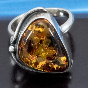 Anillo de plata ámbar único hecho a mano tamaño 58 (18,4 mm Ø) ámbar del mar Báltico - Imagen 1 de 3