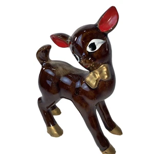 Vintage Japan Deer Fawn Doe Big Eyes Cute Ears Gold Bow Tie and Hoofs Kitch 4.75 - Picture 1 of 9