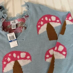 Just Polly New York Sweater Medium Blue Mushroom Novelty - Picture 1 of 8