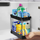 under Sink Organizers with Wheels & Hooks, Slide Out Multi-Purpose 2 Tier Bathro
