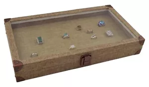 JEWELRY 72 RINGS BOX CASE Burlap Dark Beige Metal Clasp Jewelry Display Case - Picture 1 of 4
