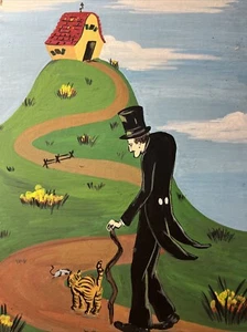 STRANGE & ORIGINAL WATERCOLOR PAINTING by ELIZABETH BURDICK HARVEY MAN CAT HOME - Picture 1 of 3