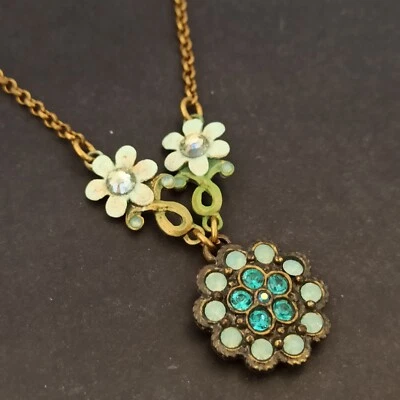 Michal Negrin Necklace Pastel Green Ice Blue Crystals Flower Romantic Retro VTG - Image 1 of 4