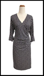 JACQUI E Navy & Pink Geometric Print Wrap Style Stretch Sheath Dress Size M (12) - Picture 1 of 5