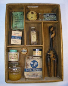 Vintage Wooden Shadow Box w Old Advertising Bottles/Tins/Cardboard, Curling Iron - Picture 1 of 11