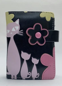 Cat & Flower Decorated Black Faux Leather Bi-fold Wallet Fabric Synthetic Lining - Picture 1 of 12