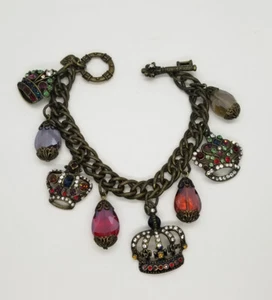Vintage Sweet Romance Jeweled Crowns Crystal & Brass Charm Bracelet - Picture 1 of 11
