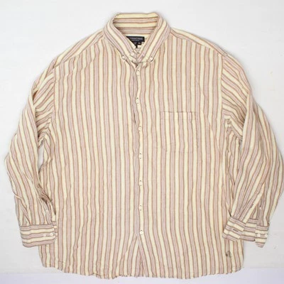 J Peterman Linen Shirt Mens XL White Brown Yellow Stripe Button Down Collar  - Image 1 of 4