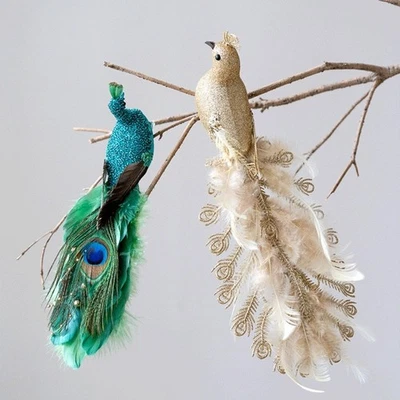 Pfau Christbaumkugel mit lebensechter Feder für Weihnachtsdeko blau gold - Bild 1 von 4