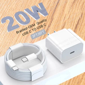 For iPhone 15 16 iPad Pro 20W PD Fast Charger Block Braided USB C to USB C Cable - Picture 1 of 15
