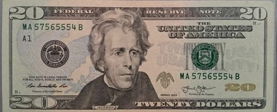 LADDER SERIAL NUMBER  2013 Series $20 Federal Reserve Note. 57-56-55-54. - Image 1 of 2
