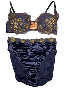 Vtg Victorias Secret Miracle Bra 36B Set Panties Med Blue Gold Satin Lace Sissy - Picture 1 of 14
