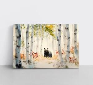 Impresión de pintura verde blanco bosque abedul otoño oso negro sobre arte en lienzo enmarcado - Imagen 1 de 16