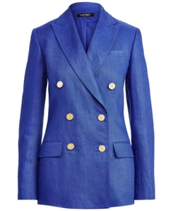 LAUREN RALPH LAUREN Blue Linen Double Breasted Gold Buttons Blazer New 20W SC214 - Picture 1 of 16