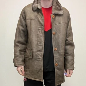 Genuine Vintage Sheepskin Shearling Grey Coat with Brown Fur Interior Size L - Picture 1 of 4