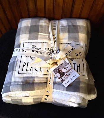 RAE DUNN THROW BLANKET 50 X 60 PEACE ON EARTH GRAY/WHITE BUFFALO PLAID CHRISTMAS - Image 1 of 4