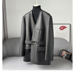 2024 womens spring fall mid length synthetic leather blazer jackets v neck coats