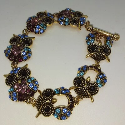  Multi Color Austrian Crystal Owl Bracelet In Goldtone (6.50 Inch - 7.50 Inch ) - Image 1 of 4
