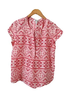 Croft & Barrow Top Womens PM Red Floral Pullover Cap Sleeve Buttons V-Neck Tunic - Image 1 of 4