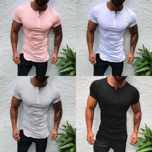 Round Button Slim Casual Solid Color Neck Summer Pullover Men's T-shirt Fit - Picture 1 of 10