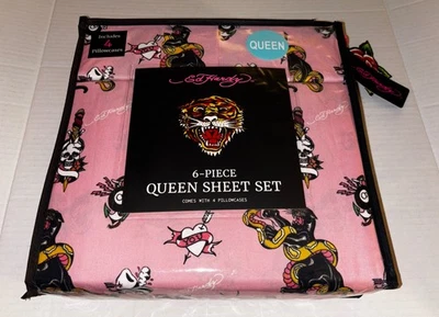 Nuevo Juego de Sábanas Ed Hardy Rosa King Queen 6 Piezas con 4 Fundas de Almohada, Daga, Pantera Foto 1 de 4