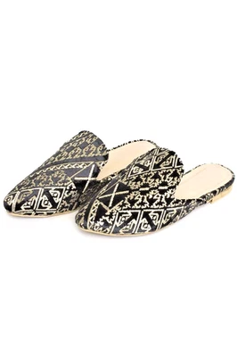 Handmade Moroccan Babouche Slippers - Black with Gold Geometric Embroidery - Image 1 of 3