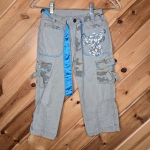Y2K Youth Mary-Kate & Ashley Capris Green Blue Belt Sequin Camo Sz 8 - Picture 1 of 6