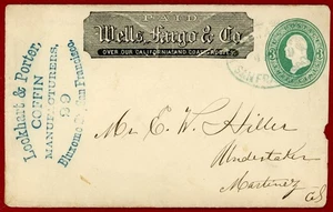 US 3c Entire, w/ Wells Fargo & Co. & Coffin Manufacturers Hand Stamp, Green Chop - Picture 1 of 2