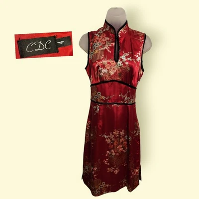 VTG 90s Y2K Red Satin Chinese Cheongsam Qipao Dress CDC Size 4 Floral Print - Image 1 of 4