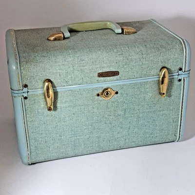 Vtg Samsonite Train CASE & TRAY Vanity Luggage 1950s Hawaiian Blue Tweed #4212 - Image 1 of 4