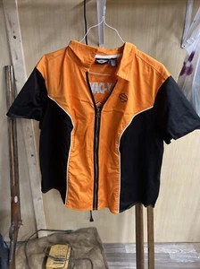 Womens Harley Davidson Mechanic Shirt Sz Large Full Zip Orange Embroidered Logo - Picture 1 of 7