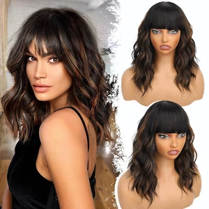 H2T Long 26" Bangs Black Brown Highlight Wig wavy women natural look daily party - Picture 1 of 24
