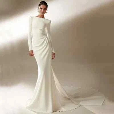 Long Sleeve Mermaid Wedding Dress with Pleat Floor Length Open Back Applique - Image 1 of 4