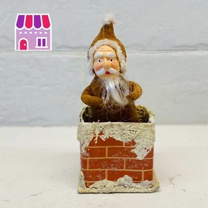 Vintage Santa on Spring Japan Cardboard Chimney Mini Putz Plastic Face 3.25” - Picture 1 of 9