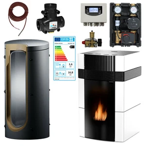 Woody Wassergeführter Pelletofen Komplettset 18 kW Keramik Weiß Pellet Kaminofen - Bild 1 von 12