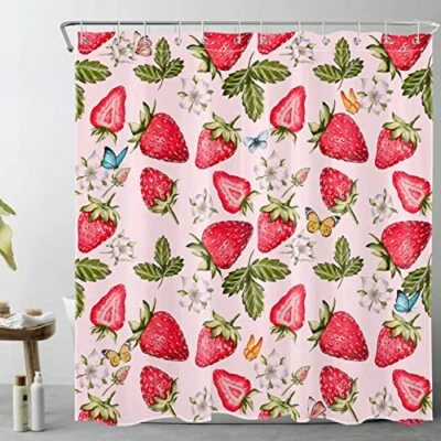  Cortina de Ducha Fresa Roja Azul Mariposa en 72"W x 72"L (Pack de 1) Rosa Foto 1 de 4