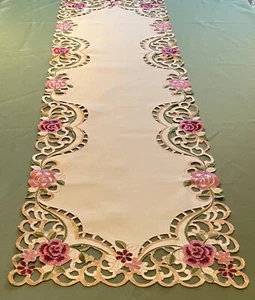 Pink Green Gold Rose Floral Embroidery Oblong Table Runner Cutwork flower edge - Picture 1 of 5