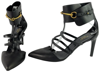 GUCCI Black Leather Ursula Ankle Wrap Cage Pumps Horsebit Sandals 41 - 11US - Image 1 of 4