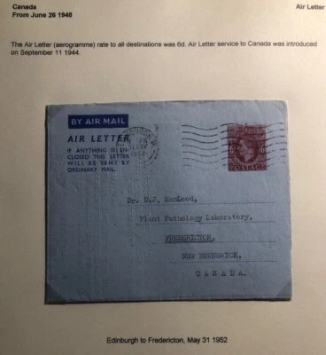 1952 Edinburgh England Stationery Air Letter Cover To Fredericton Canada - Image 1 of 4